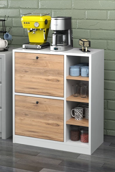 Gold Falez Kahve Köşesi Mutfak Rafı Çok Amaçlı Dolap Mutfak Stand Mutfak Bango Beyaz Ceviz - 4