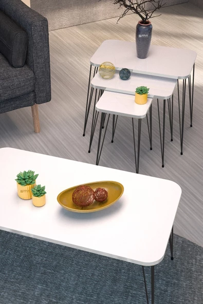 Gold Falez Zigon Sehpa Kr Ve Orta Sehpa Kr Set Siyah Ayak Beyaz Tel 1102 - Resim 2