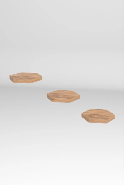 ilkal Duvar Rafı Dekoratif 3 Adet Çiçeklik Altıgen Ceviz - 5