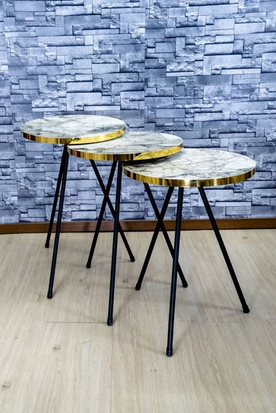 Gold Falez Zigon Sehpa 3'lü Altın Efes Siyah Metal Ayak - Resim 4