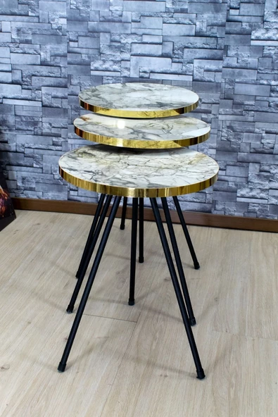 Gold Falez Zigon Sehpa 3'lü Altın Efes Siyah Metal Ayak - Resim 3