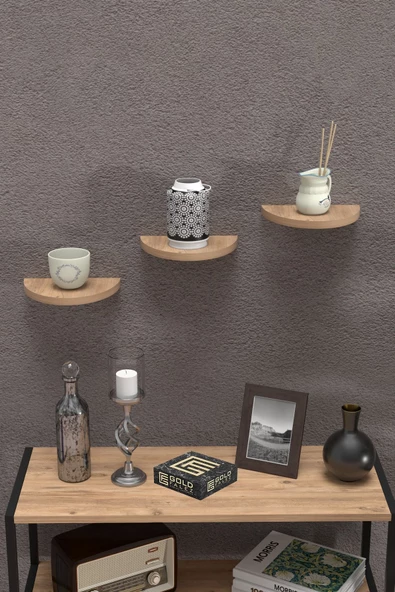 ilkal Duvar Rafı Dekoratif 3 Adet Çiçeklik Oval Ceviz