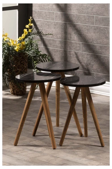 Gold Falez Zigon Sehpa 3'lü Ahşap Torna Ayak Bendir -1014 - 2