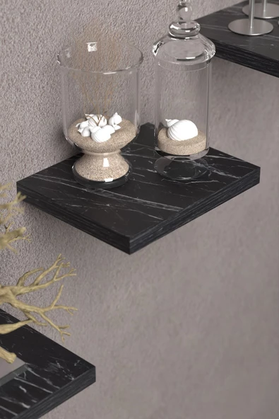 ilkal Duvar Rafı Dekoratif 3 Adet Çiçeklik Kare Siyah Mermer Desen - 4
