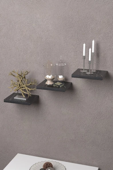 ilkal Duvar Rafı Dekoratif 3 Adet Çiçeklik Kare Siyah Mermer Desen