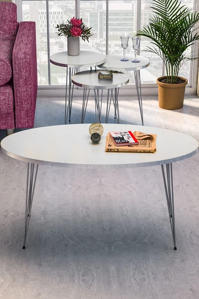 Gold Falez Zigon Sehpa Ve Orta Sehpa Elips Set Gümüş Beyaz Tel