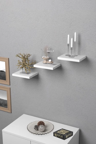 ilkal Duvar Rafı Dekoratif 3 Adet Çiçeklik Kare Beyaz - 3