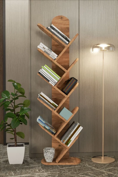 Gold Falez Kitaplık 10 Raflı Dekoratif Bölmeli Ev Ofis Çok Amaçlı Ceviz