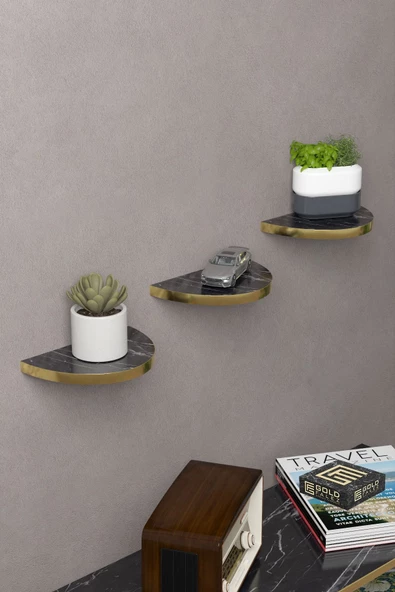 ilkal Duvar Rafı Dekoratif 3 Adet Çiçeklik Oval Altın Bendir