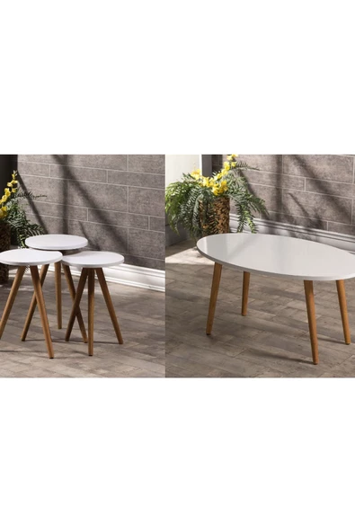 Aldın Aldın Zigon Sehpa Ve Orta Sehpa Set Ahşap Torna Elips Beyaz