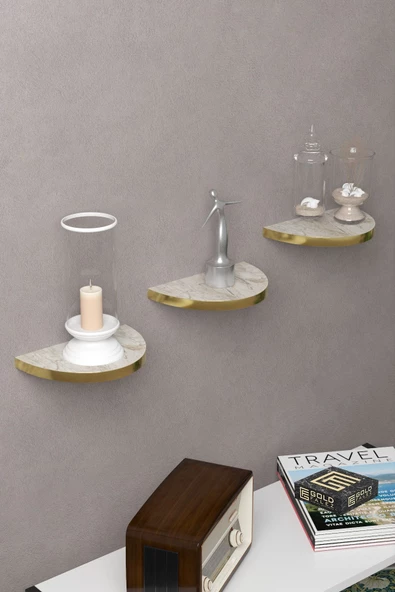 ilkal Duvar Rafı Dekoratif 3 Adet Çiçeklik Oval Altın Efes - 3