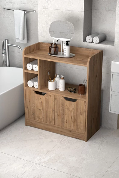 ilkal BANYO DOLABI ÇOK AMAÇLI HAVLULUK 2 KAPAKLI RAFLI ATLANTİK ÇAM - 3