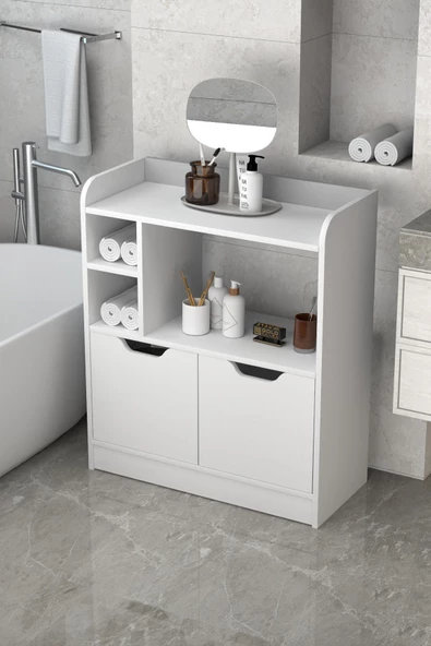 ilkal BANYO DOLABI ÇOK AMAÇLI HAVLULUK 2 KAPAKLI RAFLI BEYAZ