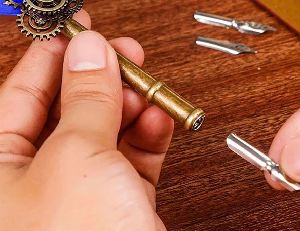 Hediyelik Divit Hokka Seti Orjinal Kuş Tüylü Kutulu Kalem Seti - Koyu Mavi - 6