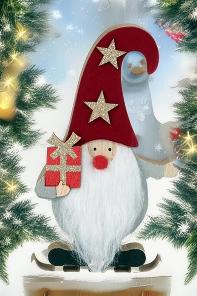 Yılbaşı Süsü Dekoratif  Ahşap Kürklü Gnome Noel Baba Biblo Figür - 14 cm - Resim 3