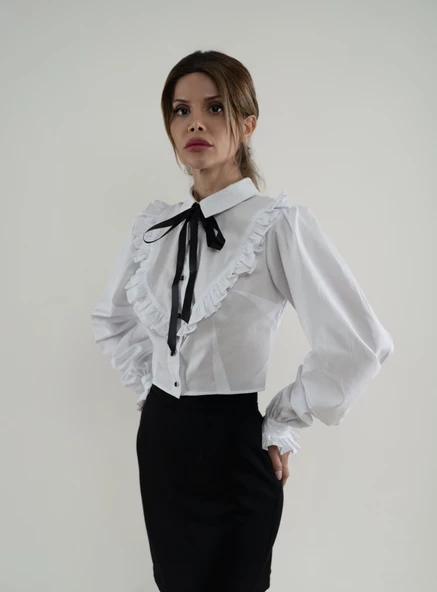 Fiyonk Detaylı Fırfırlı Poplin Gömlek - 3
