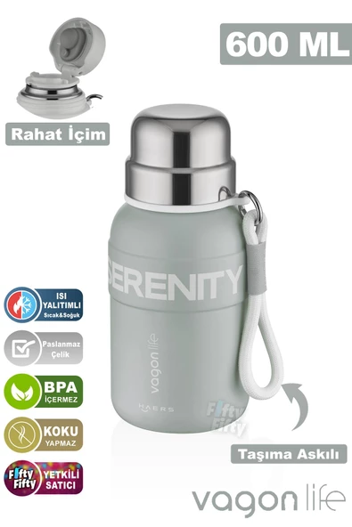 Vagonlife 600 ML Paslanmaz Çelik Termos/Su Matarası Rahat İçim-Taşıma Askılı-FF1005-600ml - 6