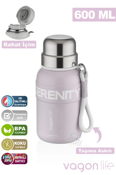 Vagonlife 600 ML Paslanmaz Çelik Termos/Su Matarası Rahat İçim-Taşıma Askılı-FF1005-600ml - 2