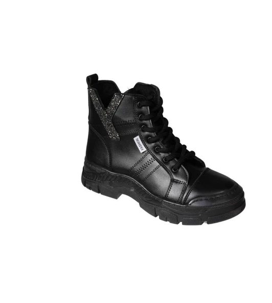 YAZKIŞ Kadın Siyah Ten Cilt Bağcıklı Fermuarlı Yanı Taşlı Termo Taban fashıon Bilekten Bot ürün görseli