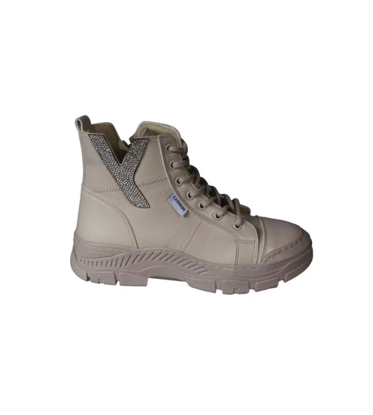 YAZKIŞ Kadın Siyah Ten Cilt Bağcıklı Fermuarlı Yanı Taşlı Termo Taban fashıon Bilekten Bot - Resim 6