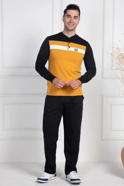 Mecit 2763 Erkek Sarı Pamuklu Büyük Beden Uzun Kol Pijama Takımı - 2