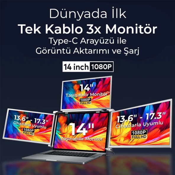 NPO NPM680 14" FHD 1080p IPS Type-C Taşınabilir Dizüstü 3'lü Monitör Çoklayıcı Notebook Monitör - 4