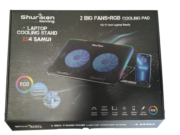 Shuriken ES4-SAMUI Laptop Soğutucu Stant 5 Kademeli -  2 FAN - RGB - 2 Port USB  (15>17") - 5