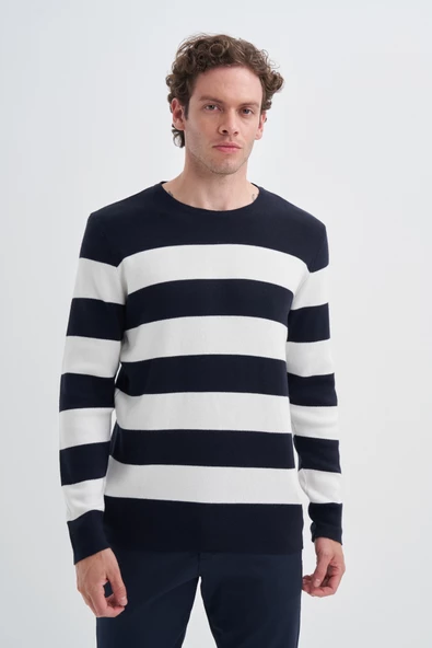 Cazador 24KCEEO03080 Lacivert Erkek Beyaz Şerit Çİzgili Bisiklet Yaka Kazak - 3