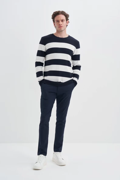 Cazador 24KCEEO03080 Lacivert Erkek Beyaz Şerit Çİzgili Bisiklet Yaka Kazak