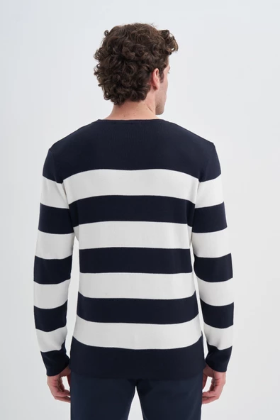 Cazador 24KCEEO03080 Lacivert Erkek Beyaz Şerit Çİzgili Bisiklet Yaka Kazak - 2