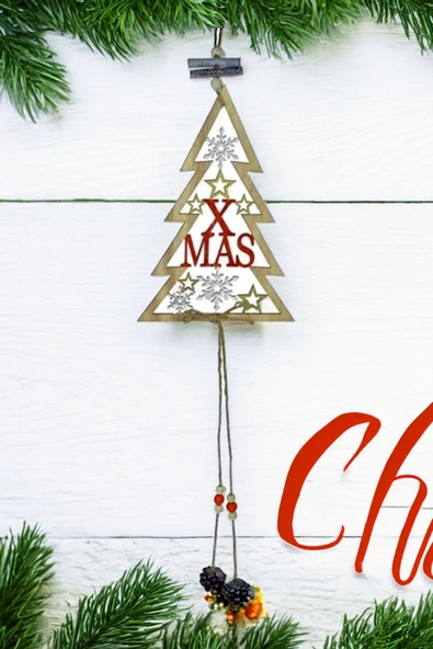 Ahşap Dekoratif ÇAnlı ve Kozalaklı XMAS Kapı Süsü 65 cm- Dekoratif ve Hediyelik Ahşap Yılbaşı Süsü - 4