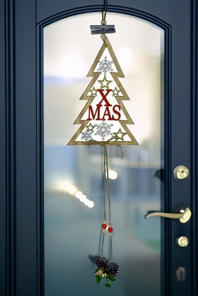 Ahşap Dekoratif ÇAnlı ve Kozalaklı XMAS Kapı Süsü 65 cm- Dekoratif ve Hediyelik Ahşap Yılbaşı Süsü - 5