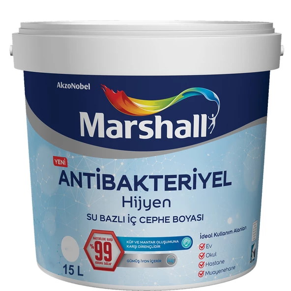Marshall Antibakteriyel Hijyen İpek Mat İç Cephe Boyası Mentol 15 Lt (20 Kg)