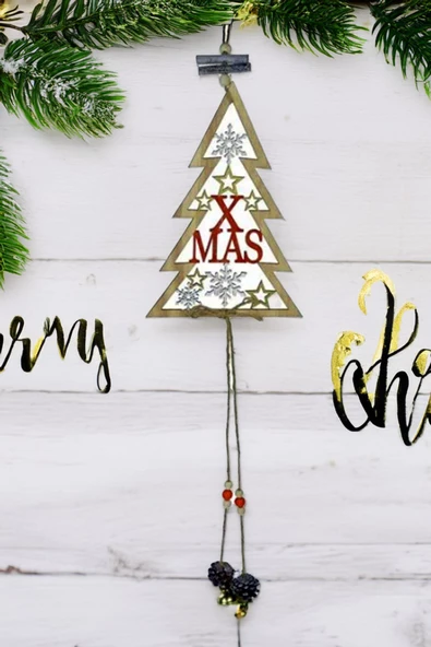 Ahşap Dekoratif ÇAnlı ve Kozalaklı XMAS Kapı Süsü 65 cm- Dekoratif ve Hediyelik Ahşap Yılbaşı Süsü - 3