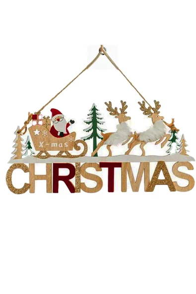 Ahşap Dekoratif Kürklü Geyikleri, Kızaklı Noel Babası ile Christmas Kapı Süsü 30 cm- Dekoratif ve Hediyelik Ahşap Yılbaşı Süsü - 6