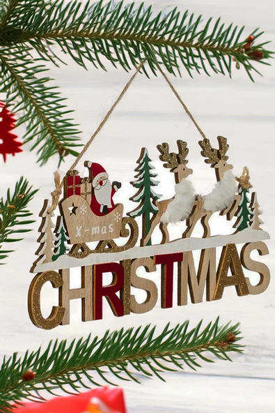 Ahşap Dekoratif Kürklü Geyikleri, Kızaklı Noel Babası ile Christmas Kapı Süsü 30 cm- Dekoratif ve Hediyelik Ahşap Yılbaşı Süsü - 4