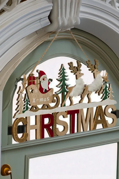 Ahşap Dekoratif Kürklü Geyikleri, Kızaklı Noel Babası ile Christmas Kapı Süsü 30 cm- Dekoratif ve Hediyelik Ahşap Yılbaşı Süsü - 2
