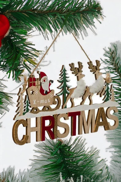 Ahşap Dekoratif Kürklü Geyikleri, Kızaklı Noel Babası ile Christmas Kapı Süsü 30 cm- Dekoratif ve Hediyelik Ahşap Yılbaşı Süsü - 5