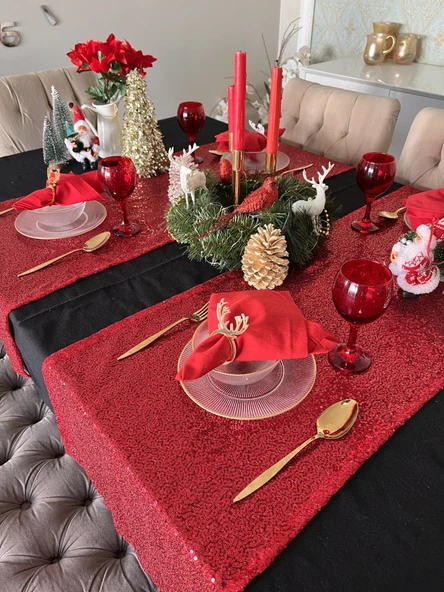 Yılbaşı Kırmızı Payetli Runner 1 Ad 43x135 Cm Noel Ranır Sofra Newyear Christmas Pullu Yeniyıl - 2