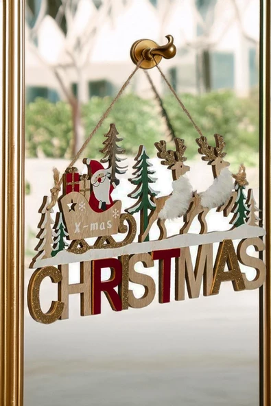 Ahşap Dekoratif Kürklü Geyikleri, Kızaklı Noel Babası ile Christmas Kapı Süsü 30 cm- Dekoratif ve Hediyelik Ahşap Yılbaşı Süsü - 3
