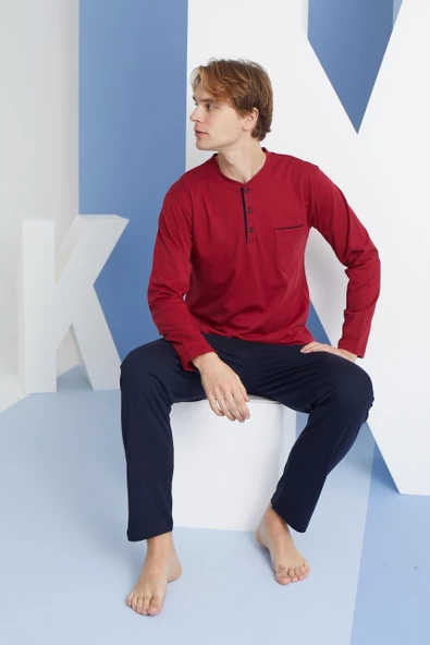 Kly 9250 Erkek Dört Mevsim Midi Yaka Uzun Kollu Pijama Takım - 3