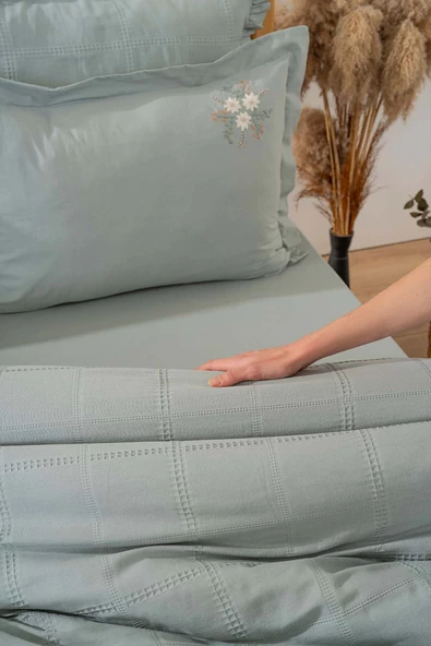 Rivaİstanbul Fiorella Mint Çift Kişilik Çarşaflı Yatak Örtüsü Takımı 6 Parça Uyku Seti - Resim 5