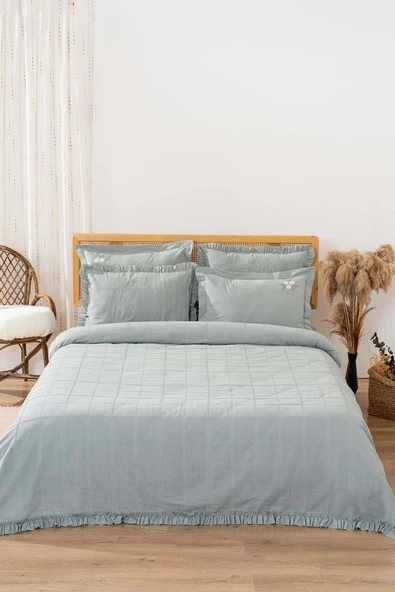 Rivaİstanbul Fiorella Mint Çift Kişilik Çarşaflı Yatak Örtüsü Takımı 6 Parça Uyku Seti - Resim 3