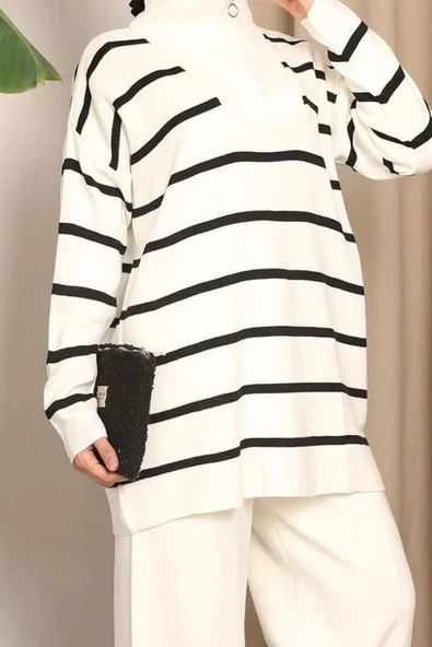 Kadın Kamyoncu Yaka Oversize Çizgili Fermuarlı Uzun Triko Kazak - 4