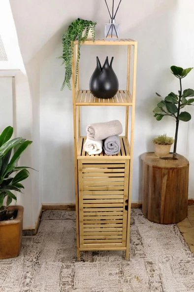 Digithome Bambu Tek Kapaklı 3 Raflı Çok Amaçlı Banyo Düzenleyici Organizer Dik Dolap JWBW-5049 - 2