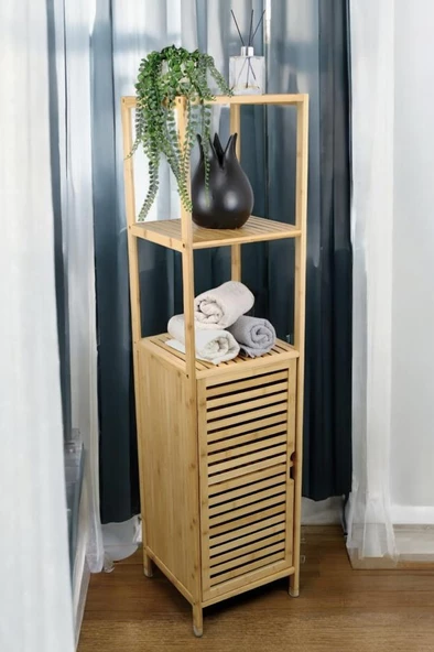 Digithome Bambu Tek Kapaklı 3 Raflı Çok Amaçlı Banyo Düzenleyici Organizer Dik Dolap JWBW-5049