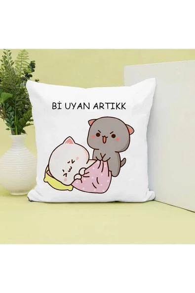 Bi Uyan Artık .yazılı Mochi Cat Baskılı Hediyelik Yastık