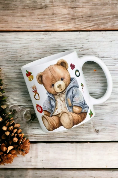 Hediyemi Yeni Yıl Oyuncak Ayı Teddy Bear Baskılı Kupa Bardak Porselen Çay Kahve Fincanı