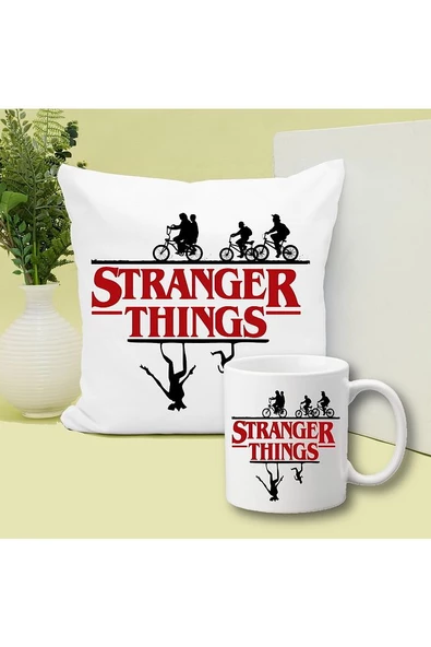 Stranger Things Baskılı Kupa ve Yastık Hediyelik Set Arkadaşa Hediye