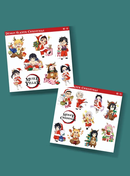 Demon Slayer-Merry Christmas- Yılbaşı 2li çıkartma-etiket-süsleme-hediye- başarı çıkartmaları - Resim 3